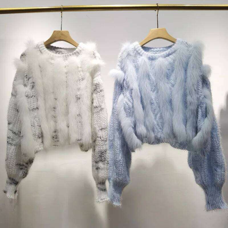 Real Fox Stripe Knitted Short Pullover Sweater Long Sleeve O-Neck Women Pull Jumpers Female Fur Trim Sweaters