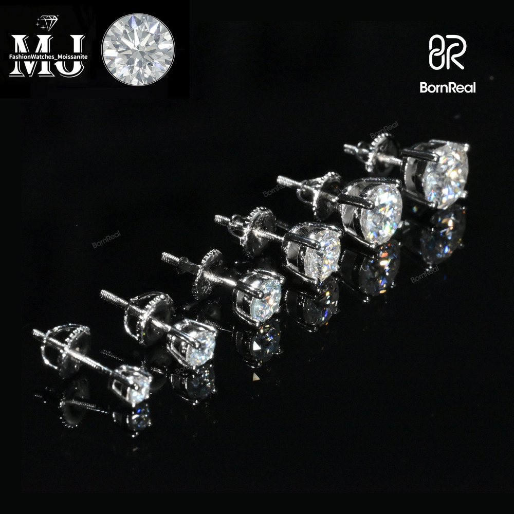 .25 0.5 1 2 4 5 Carat Moissanite Stud Iced Out Round Cut Screw Back Sier 10k 14k Gold Vvs Dia Fine Jewelry Earring