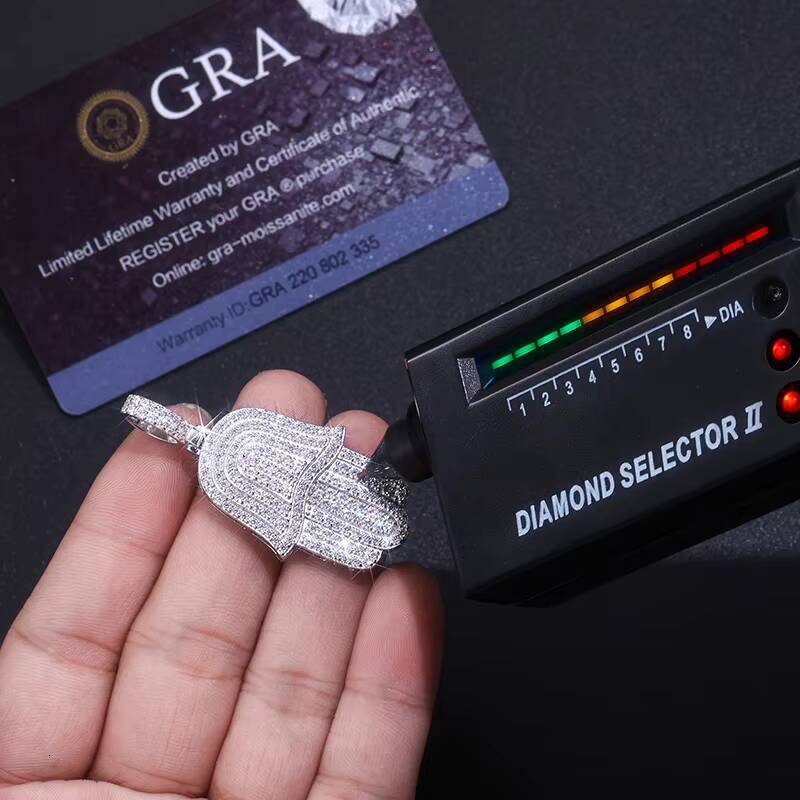 Iced Out Pendant Necklace Hamsa Hand Design in 18K Gold Plated S925 Silver with Moissanite for Hip Hop Rappers Bling Jewelry