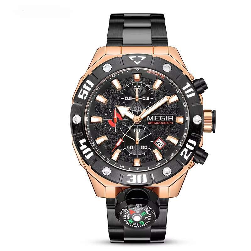 DHwatches MEGIR 2219G Men's Outdoor Sports Watch - 46mm Stainless Steel, Compass, Chronograph, Waterproof 30M, Luminous Dial