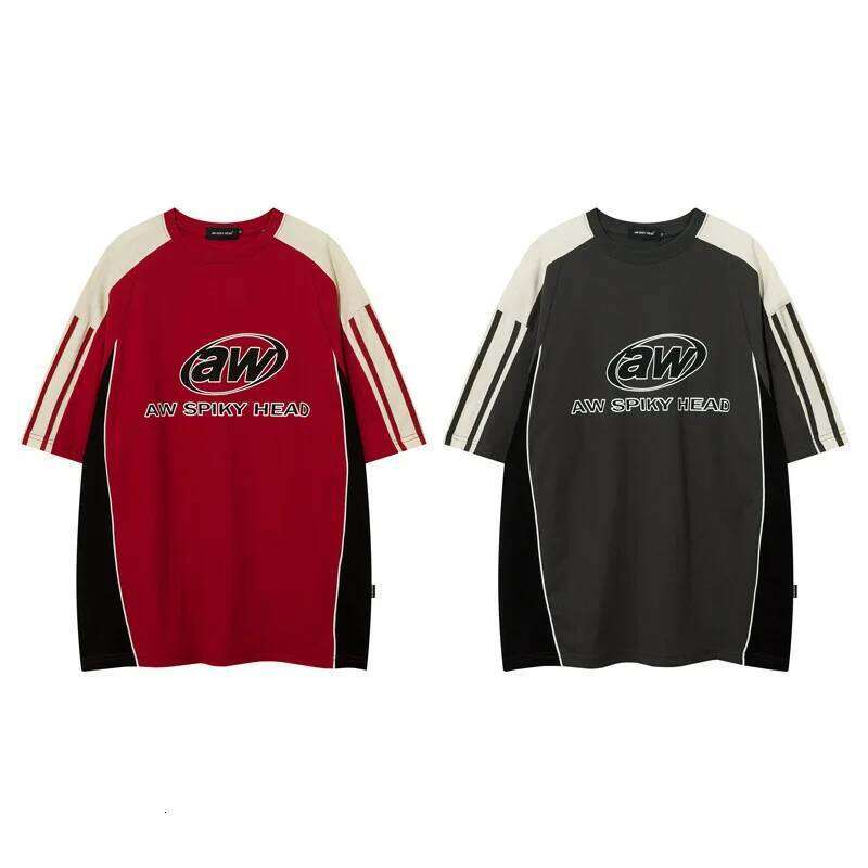 Retro Preppy Style T-shirts Men's Patchwork Color Contrast Short Loose Streetwear tshirt Half Sleeve Fashion Tops Tees