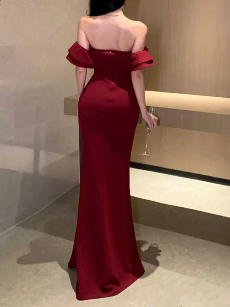 Women Sexy Bodycon Off Shoulder High Split Long Dresses Wedding Evening Party Prom Dress Ruffles Slash Neck Summer New Dresses Z250728