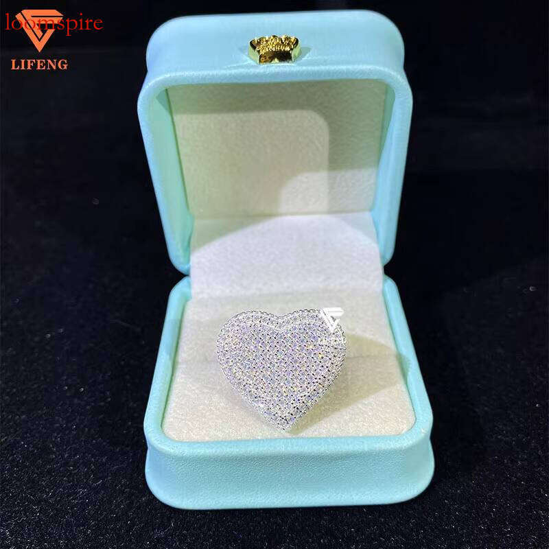 Iced Out Jewelry Sterling Sier With VVS Moissanite Dia Heart Shape 14K Gold Ring Plated Men
