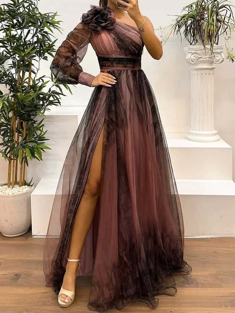 One Off Shoulder Fashion Simple Maxi Dress Women Spring Autumn Skew Collar Chic Party Dress Long Sleeve Patchwork Ladies Dress Z250728