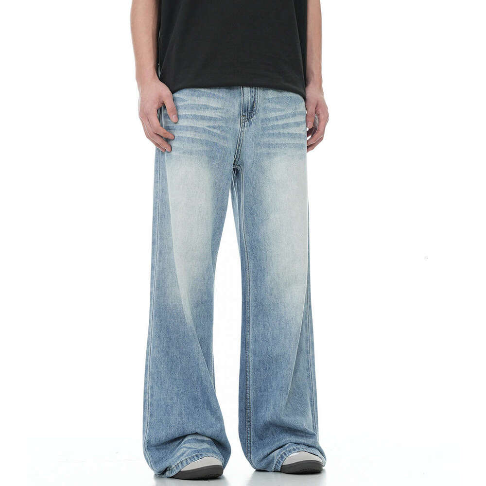 11Kn American Style Light Blue Soft Jeans For Men And Women With Cat Whiskers, Washed, Slimming, Three-Dimensional Drape, Loose Casual Long Pants B5