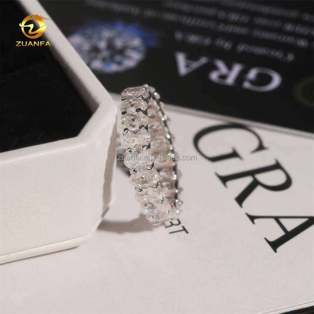 Drop Shipping Solid Sier Engagement White Gold Plated Bridal Jewelry FL Oval Moissanite Dia Eternity Band Ring