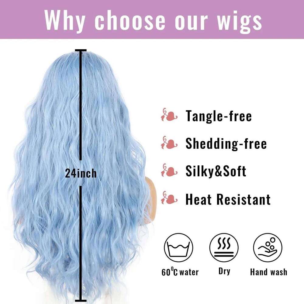 Wavy Lace Front Long Curly Ice Blue Wigs For Women Synthetic Heat Human Hair Daily Cosplay Wig