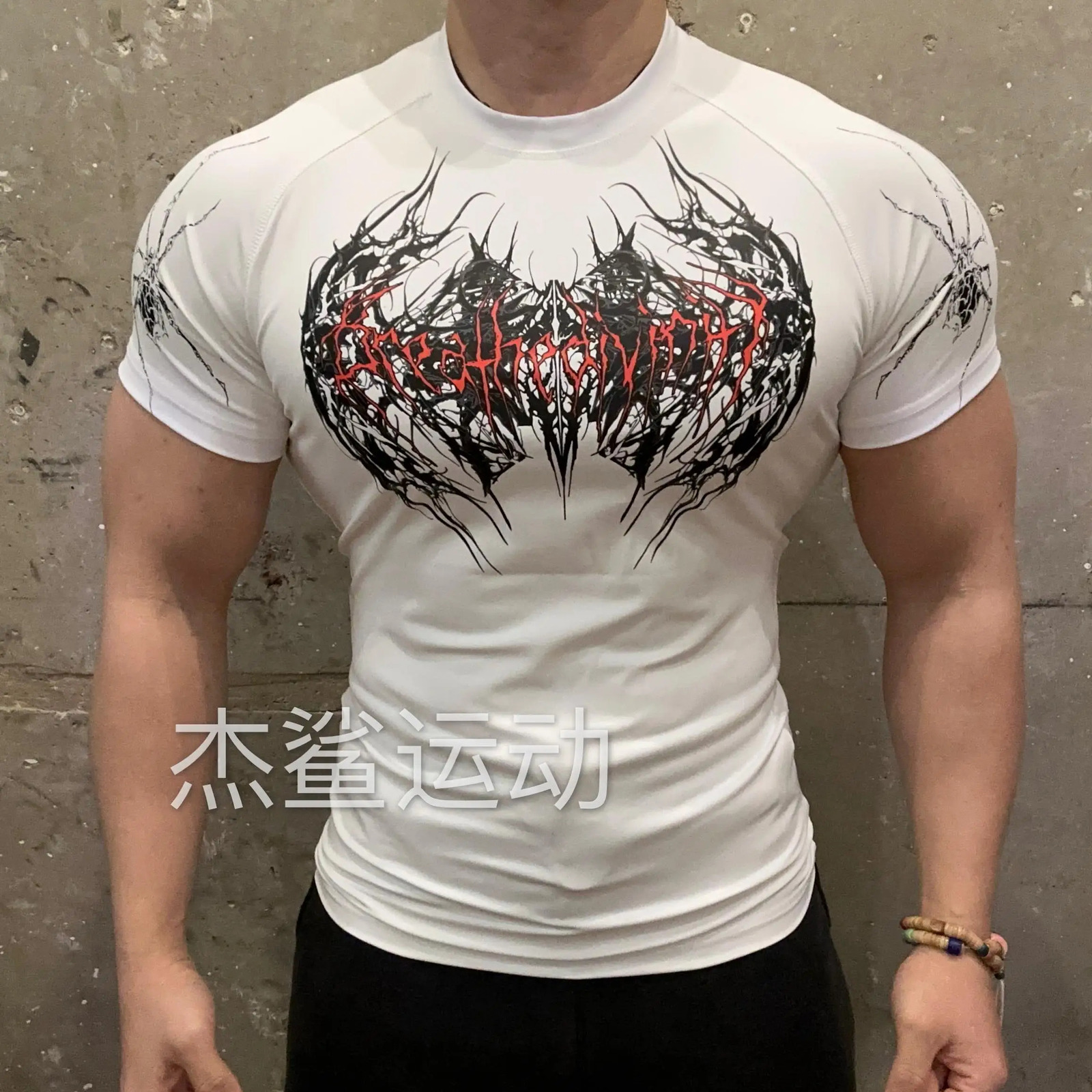 Gothic quick drying compression tight fitting medium long mens and womens fitness clothes short sleeved versatile T-shirt top 250728