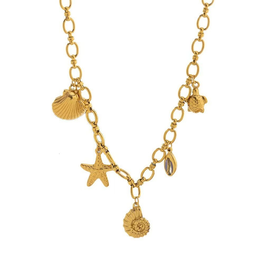 Ocean Series Pearl Starfish Turtle Pendant Stainless Steel Long Necklace Non-Fading Collarbone Chain for Women ddmythur