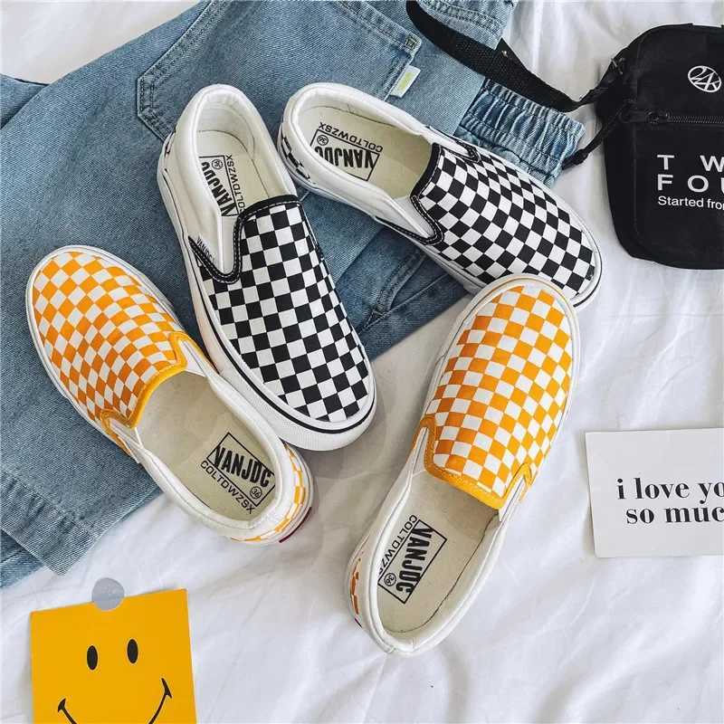 Canva Wens Casual Winter New Style Student Sports Shoes Spring Autumn Plaid Pattern Flat Bott Y250728
