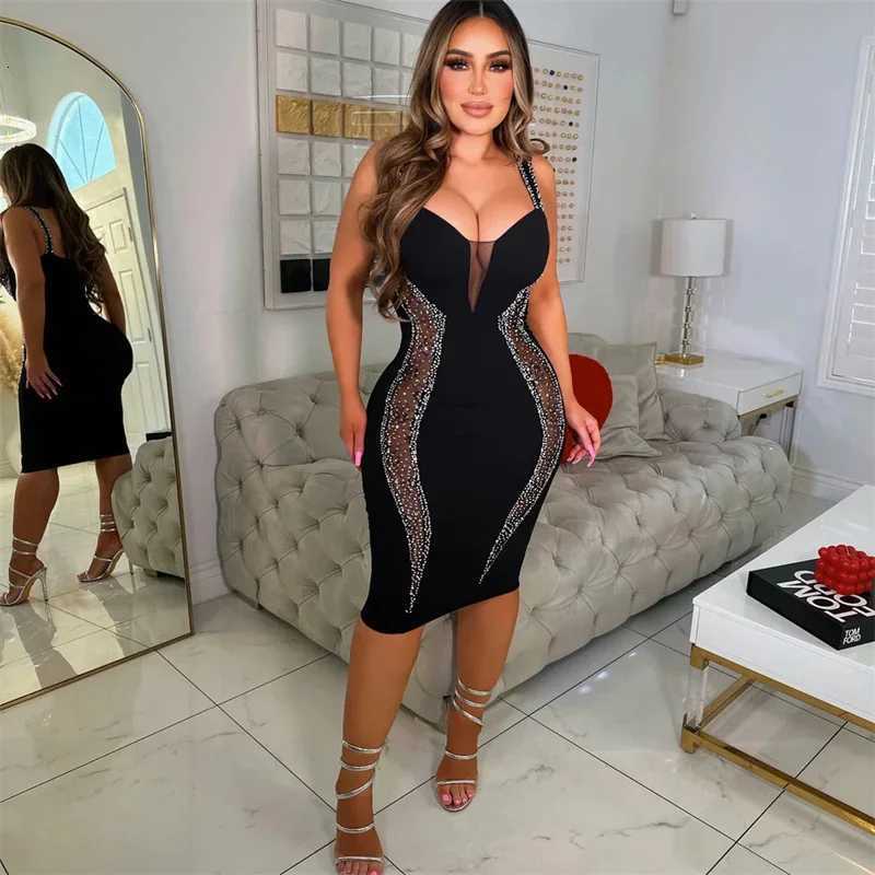 Sexy Spaghetti Strap V-neck Bandage Bodycon Dress for Women EleGant Mesh Patchwork Cocktail Party Dresses Midi Dresses Z250728