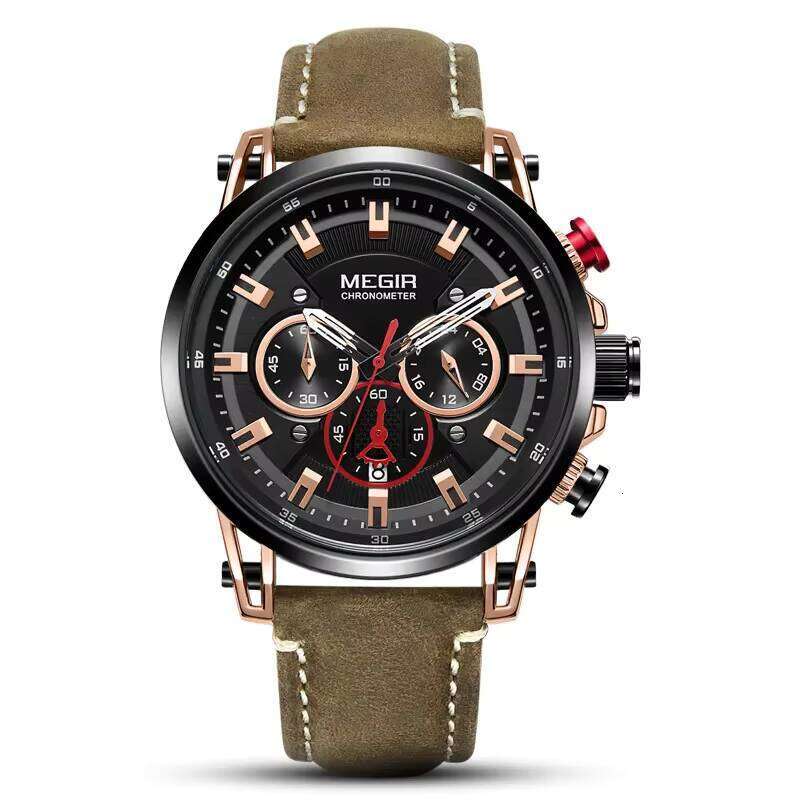 MEGIR Men's Skeleton Sports Watch - 46mm Leather Strap, Waterproof, Chronograph quartz Watch - Bulk Wholesale Watch