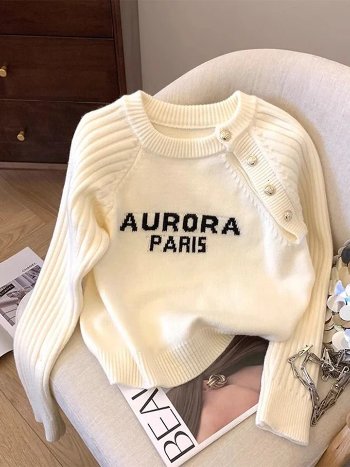 Jmprs Women Casual Letter Sweaters Loose Long Sleeve Korean Knitted Pullovers Vintage O Neck Button n Cute Sweet Tops 250728