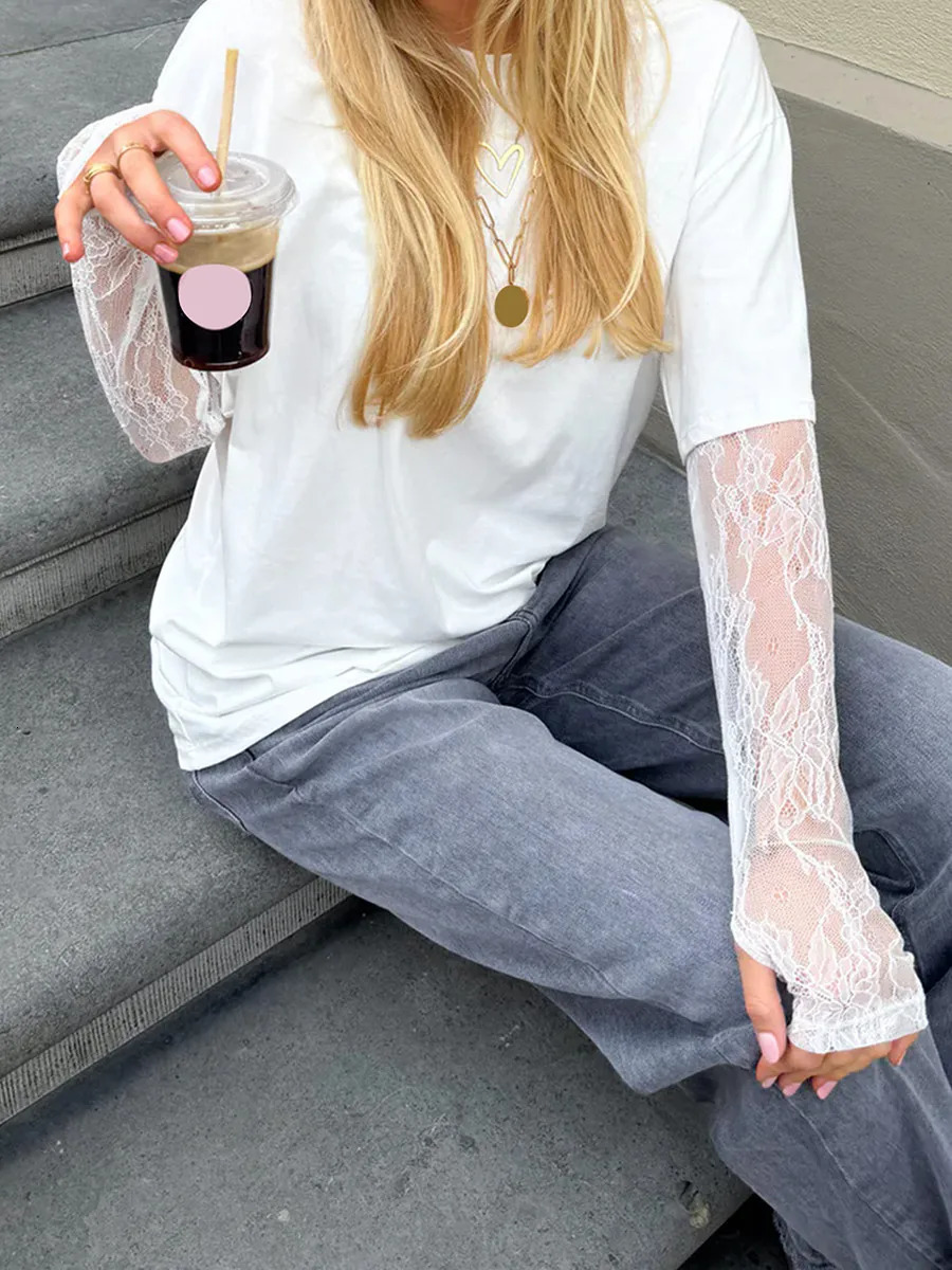 Women Round Neck TShirt Lace Long Sleeve Casual Shirts Spring Fall Loose Fit Tops Ladies Solid Color Tee for Streetwear Y2K 00s 250728