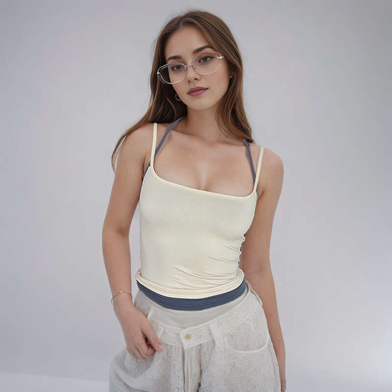 M23tp768 Women's Spring Summer New Color-Block Fake Two-Piece Halter Neck Backless Crop Top T-Shirt For Women B5