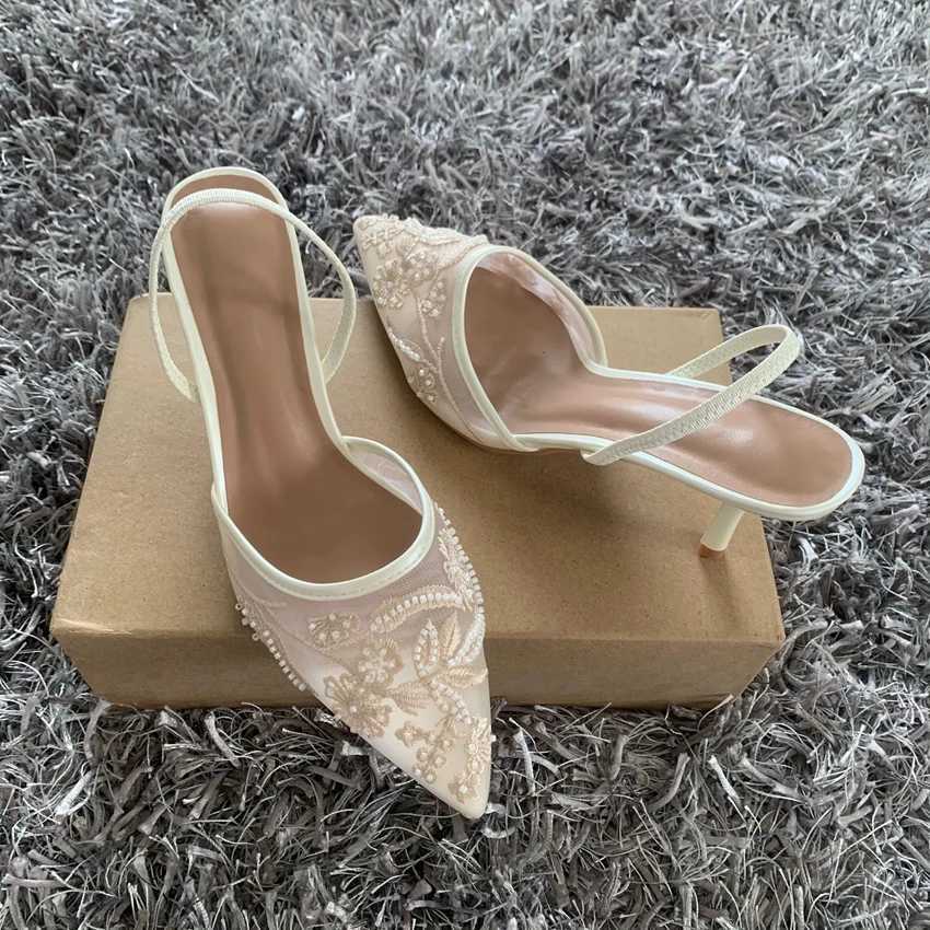 Brand Designer White Women Wedding Pumps Mesh Embroidered Flowers Back Strap Sexy Slingback High Heels Dress Ladies Shoes XJ250728