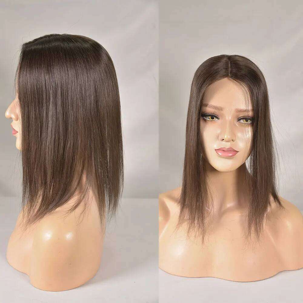 Topper Real Human Clip in Hair Hairpieces for Women No Bangs Top Base Mono Lace 4x6inch Brown Color 14inch