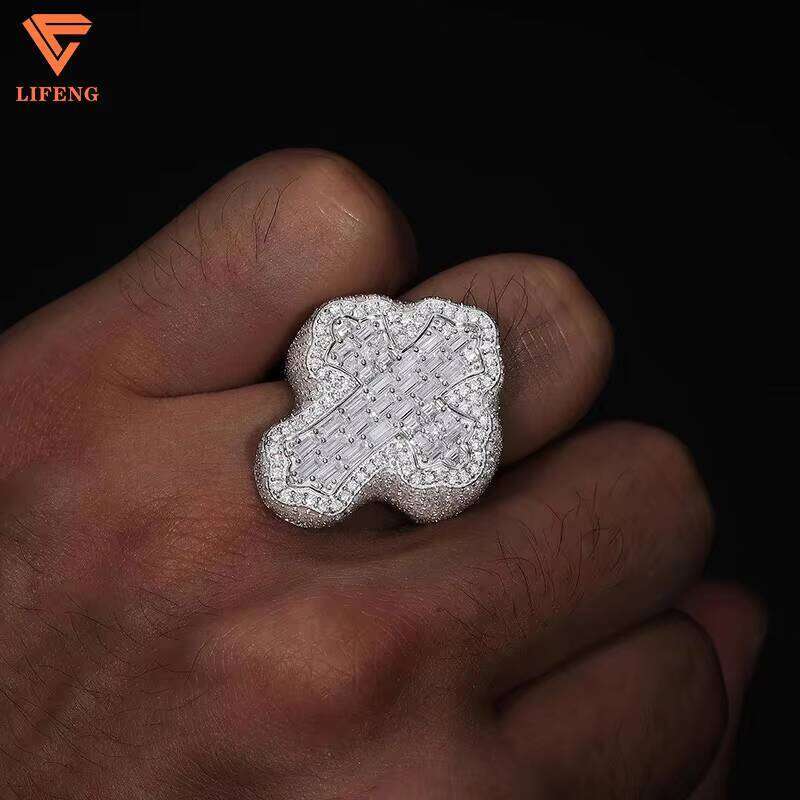 New Trendy Men's Sterling Sier Gold-Plated Baguette Cut Cross Ring VVS Moissanite Dia Custom Hip Hop