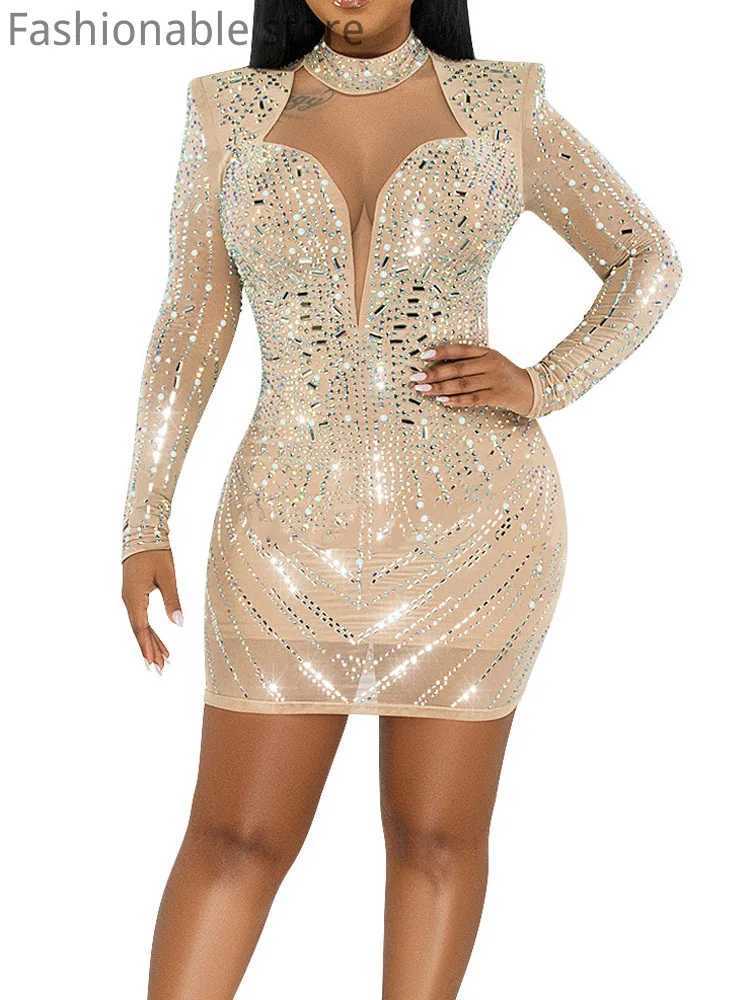 Women Sexy Mock Neck Hollow Rhinestone Long Sleeve Bodycon Dress Z250728