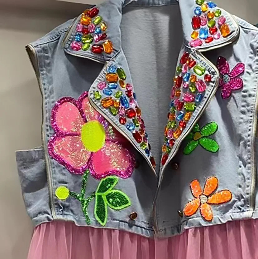 Flowers Sequins Embroidery Mesh Patchwork Ruffles Denim Waistcoat Crystal Jeans Vest Diamonds Beads Jacket Turn Down Collar Tank 250728