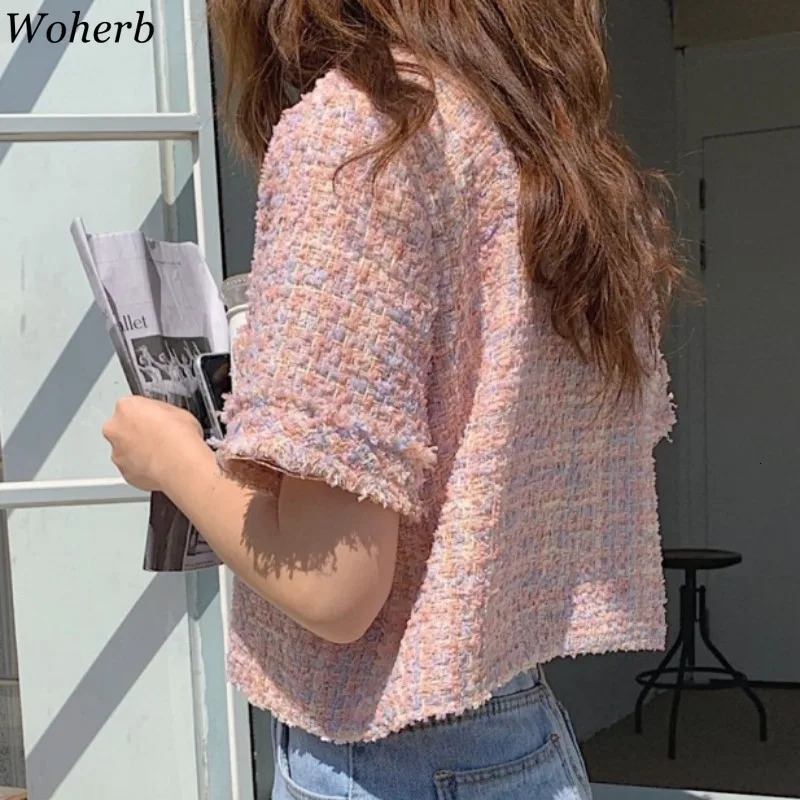 Summer Korean Casual Tweed Jackets Women Short Sleeve Elegant Coats Office Lady Outerwear Crop Top Femme 250728