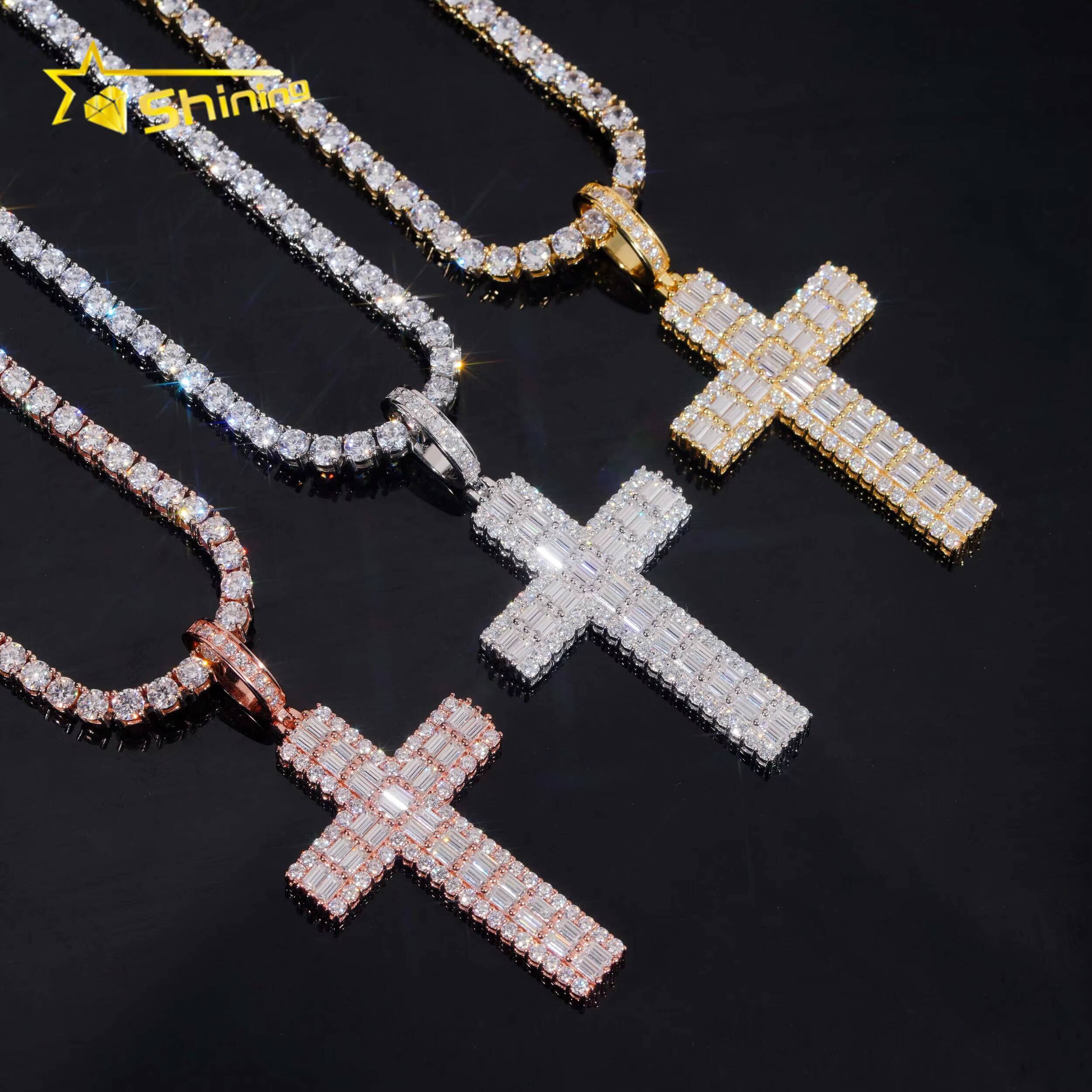Custom Made Shining Baguette Diamond 925 Silver Cross Mens Hip Hop Iced Out Moissanite Pendant