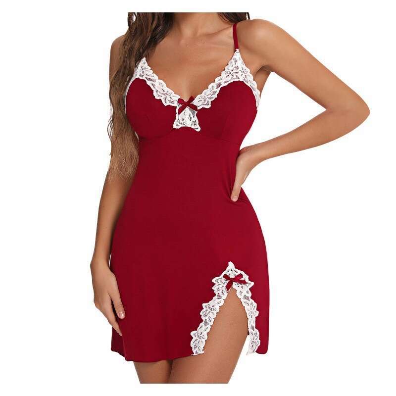 Sexy lace patchwork camisole nightgown, deep V seduction sleepwear, home fun slit short skirt, comfortable skin friendly and close fitting women'