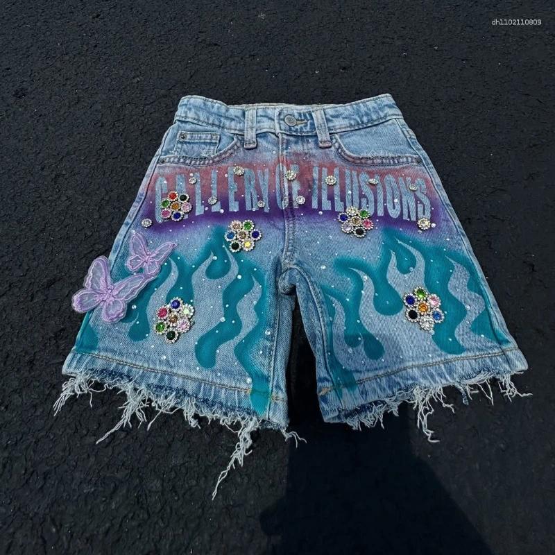 Men's Shorts Tassel Flame Print Pattern Rhinestone Butterfly Decoration Loose Denim Retro American Street Men Women Fashion Jeans