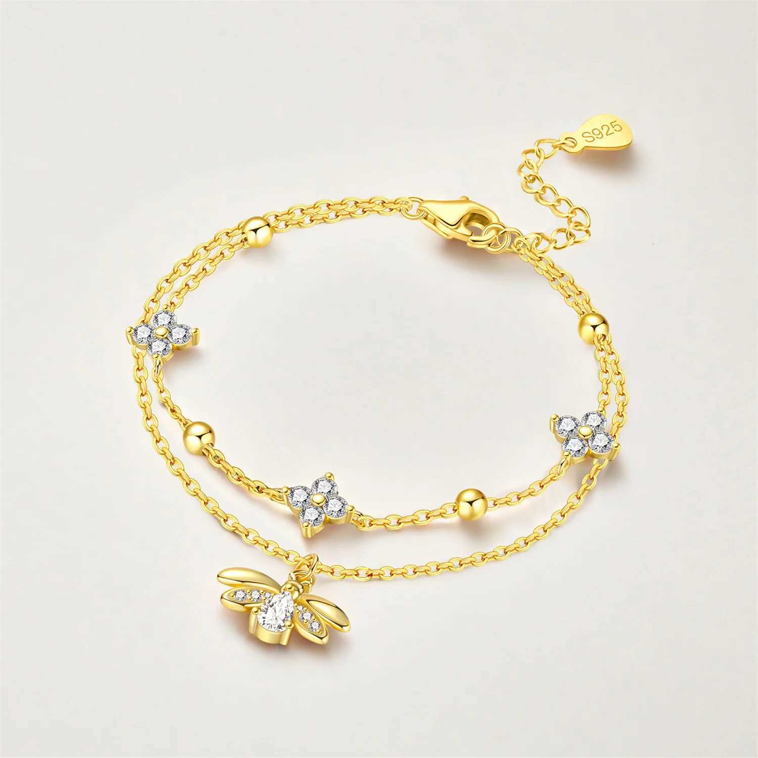 PANPOKI New 925 Sterling Silver Firefly Insect Double Layer Bracelet Chain Link Women Bracelet Jewelry Party Trendy Gifts W250728