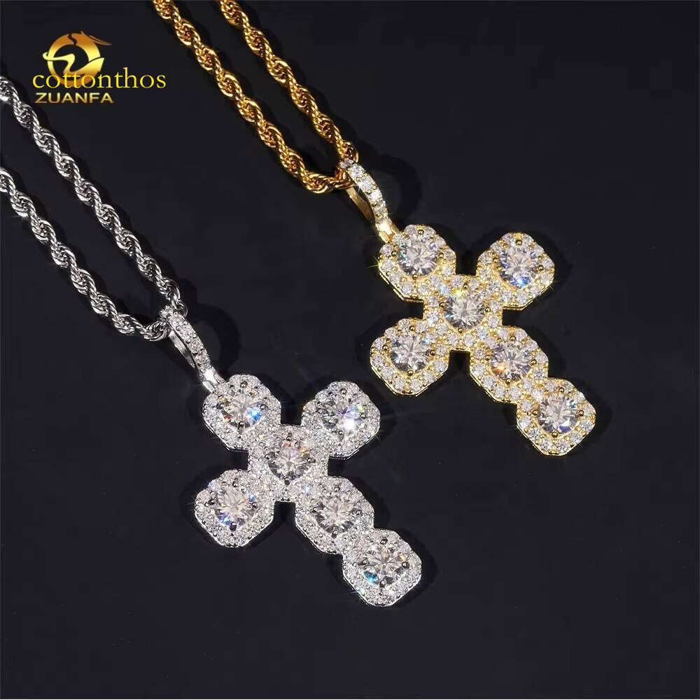Fashion Customn Hip Hop Sier Iced Out Vvs Moissanite Lab Dia Jewelry Chain Cross Pendant