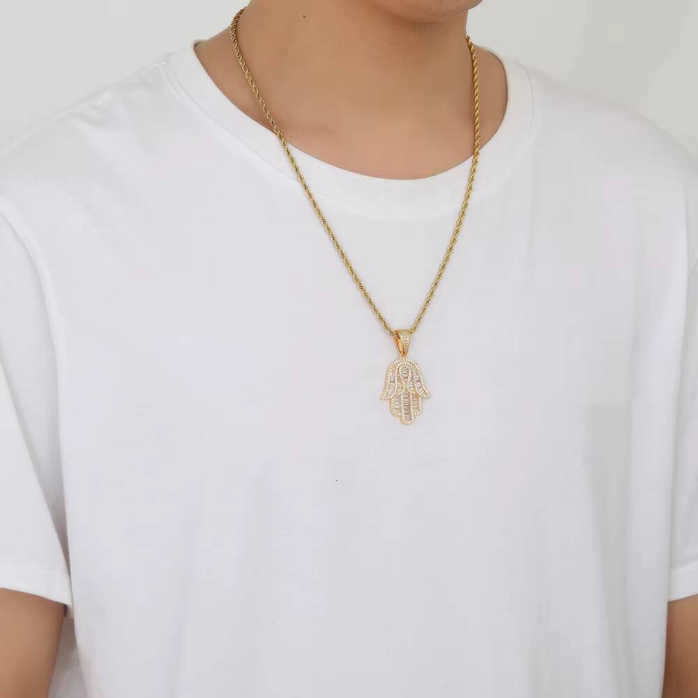 Baguette CZ Diamond Gold Plated Hamsa Fatima Hand Pendant Necklace Hiphop Jewelry Iced Out Zircon Stainless Steel Twist Chain