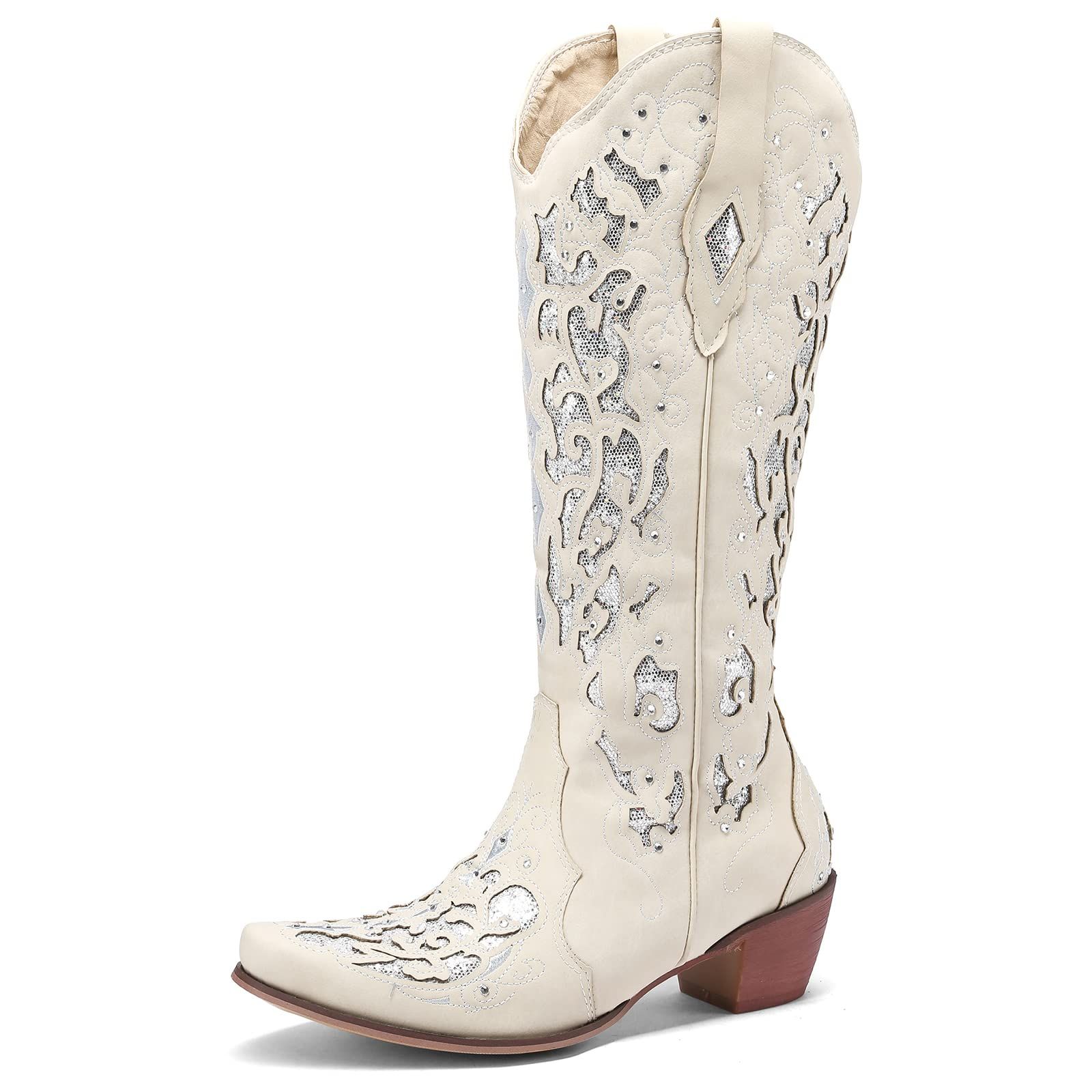 ARQA Cowboy Boots for Women Wide Calf Western Knee High Boots with Rhinestone Chunky Heel Embroidered Cowgirl Boots