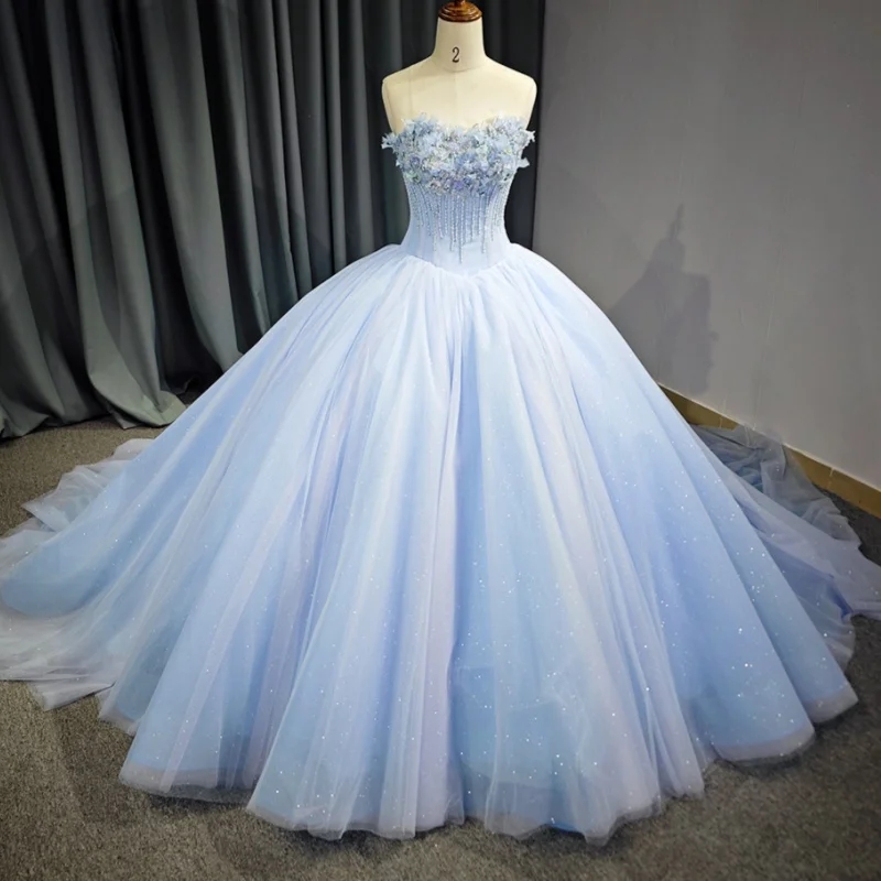 Sky Blue Shiny Princess Quinceanera Dresses Off Shoulder Beading Crystal Flower Tull Sweet 16 Dress Ball Gown Vestidos 15 De Anos