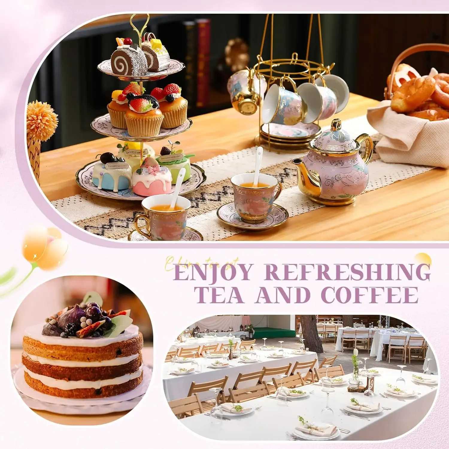 21pcs Set with Metal Holder and Cupcake Stand Ceramic Tea Pot Cups Saucers Cupcake Tier Tower European Tea Set for Women Girls X250728