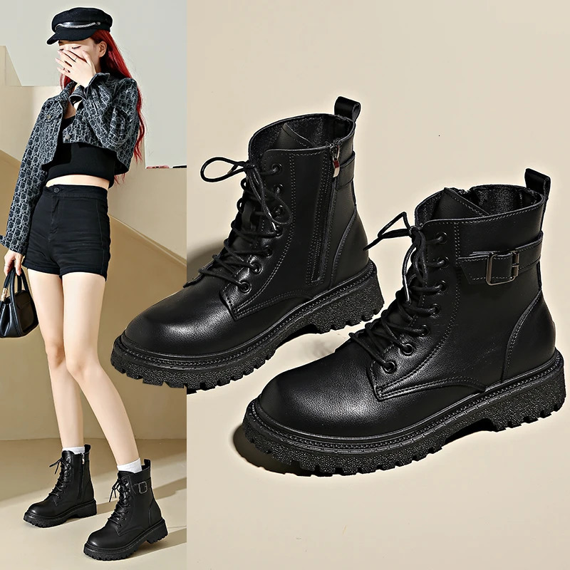 Minimalist Lace-up Combat Women Boots 4.5cm Chunky Heel Platform Women Boots British Style Thick Sole Increase Height Casual Boo 250725