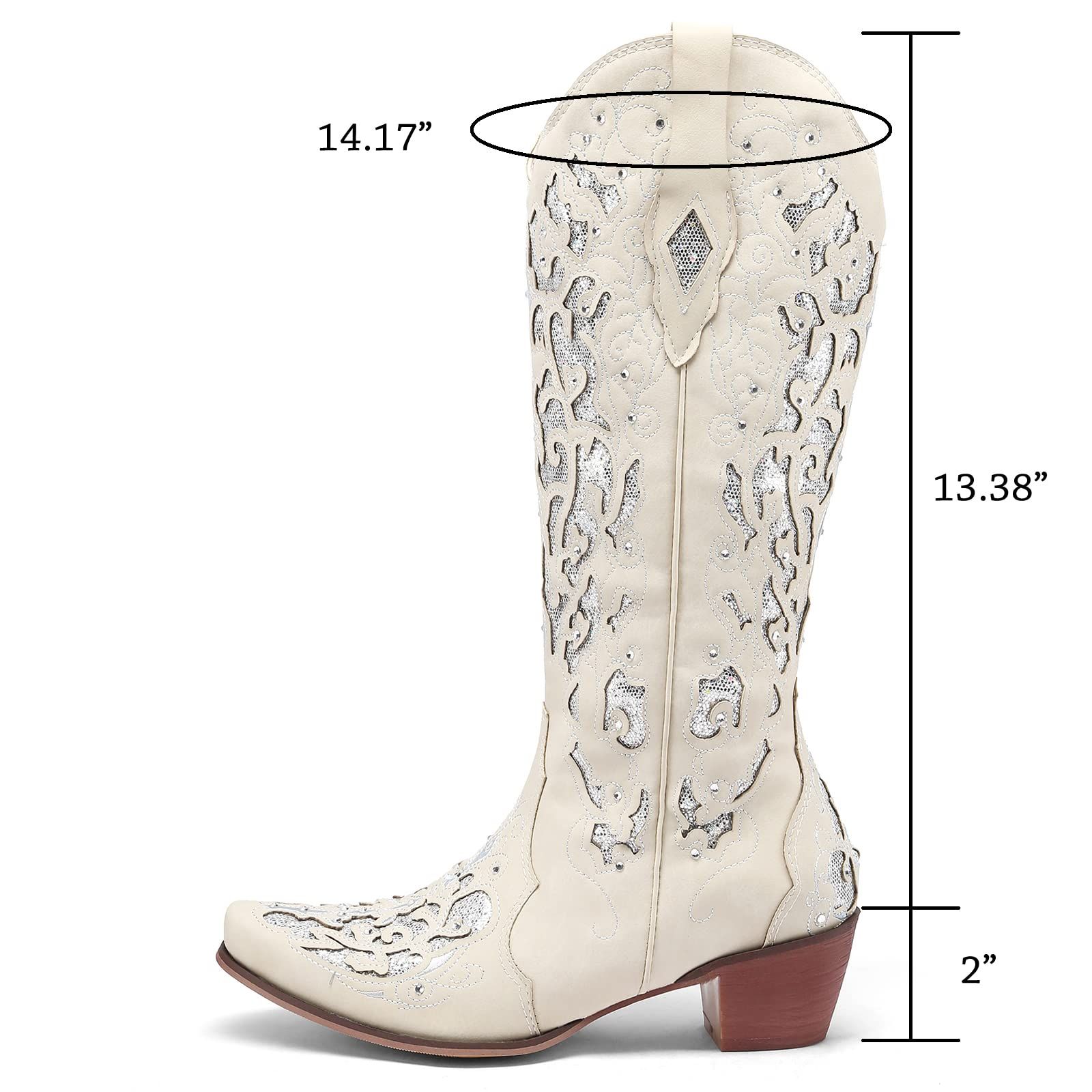 ARQA Cowboy Boots for Women Wide Calf Western Knee High Boots with Rhinestone Chunky Heel Embroidered Cowgirl Boots