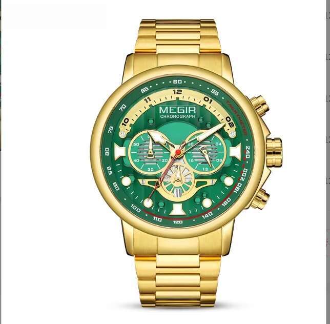 DHwatches MEGIR 2223G Men's Stainless Steel Watch - 48mm Chronograph, Waterproof 30M, Luminous, Date, Business Quartz Watch