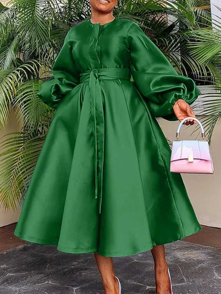 2025 Satin Puff Sleeve Evening Dress for Women Pleated A-Line Round Neck Elegant Party Club Casual Solid Midi Dress with Belt Z250728