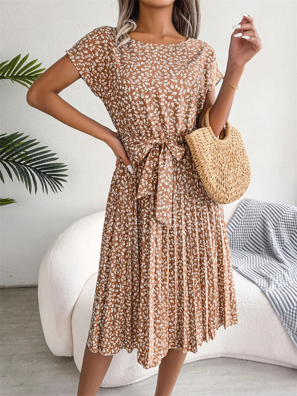 Women Spring Summer Short Sleeve High Waist Chic Dress Fashion Floral Pleated ALine Long Dress 250728