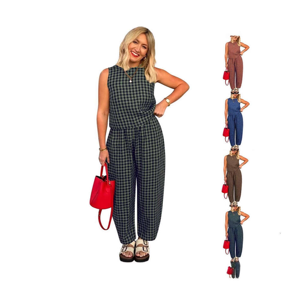 2025 Cross-Border Hot-Selling European American Women's Fashion New Solid Color Plaid Loose Casual Sleeveless Vest and Long Pants Set