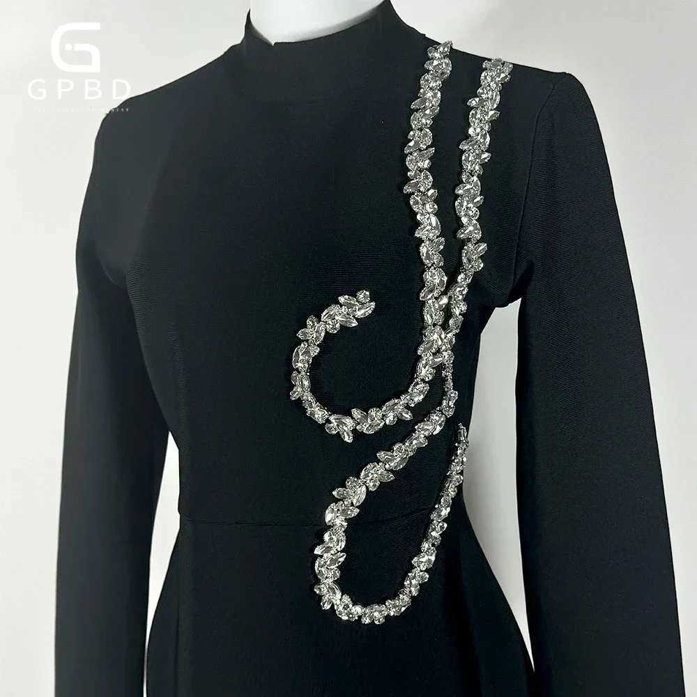 2025 New Black Slim and Slim Beaded Long Sleeve Bandage Dress Long Dress Maxi Dresses for Women Z250728