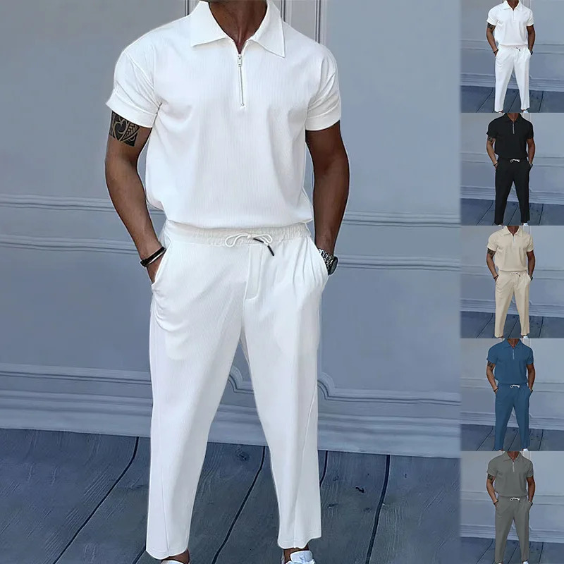 Summer European and American mens solid color suit lapel short sleeve zipper trouser suit 250724