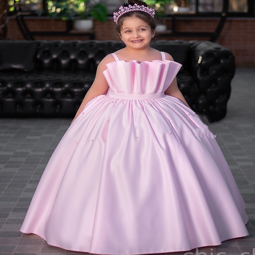2025 Pink Spaghetti Flower Girl Dresses Ball Gown Pearls Satin Floor Length Little Girl Christmas Peageant Birthday Christening Tutu Dress Gowns ZJ411