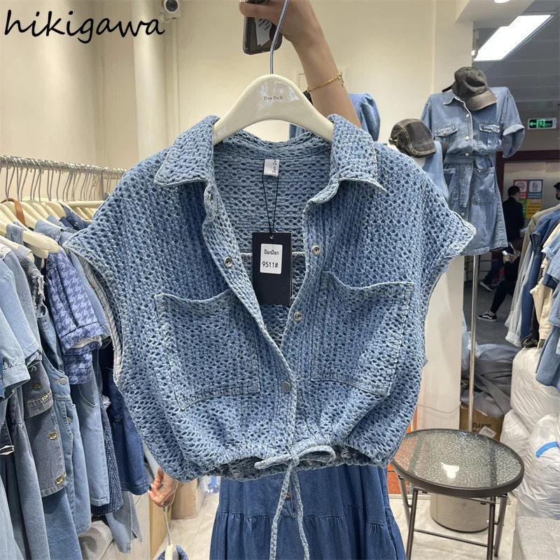 Denim Crop Jackets for Women 2025 Ropa Mujer Short Sleeve Slim Waist Drawstring Outwear Y2k Tops Casual Fashion Summer Coat 250728