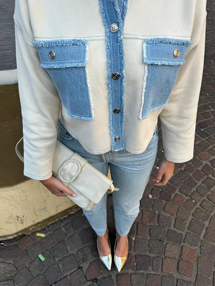 Y2k Women Denim Patchwork Jacket Coat Lapel Long Sleeves Jeans with Packets Spring Casual Lady Denim Coats Outwear Top 250728