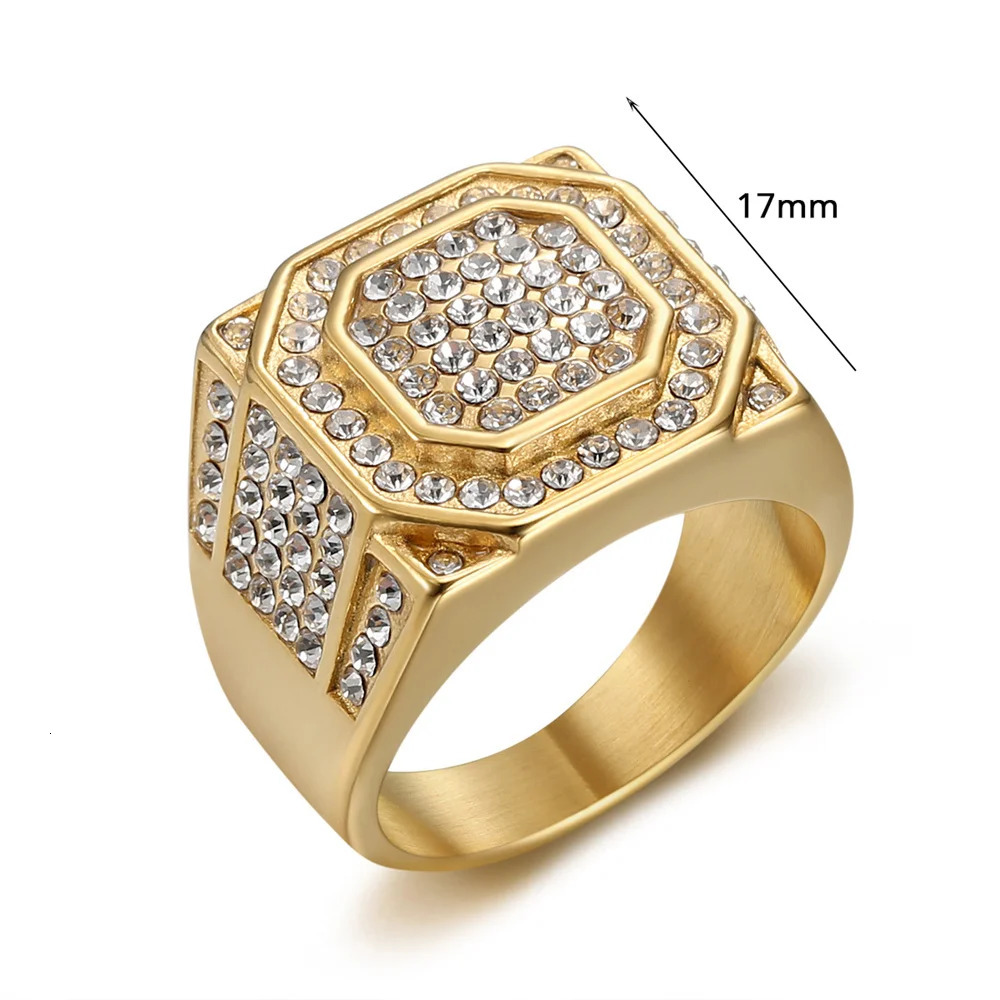 Hip Hop Iced Out Bling Square Ring Male Gold Color Stainless Steel Zircon Rapper Party Big Rings For Men Fashion Jewlery Gift 250723