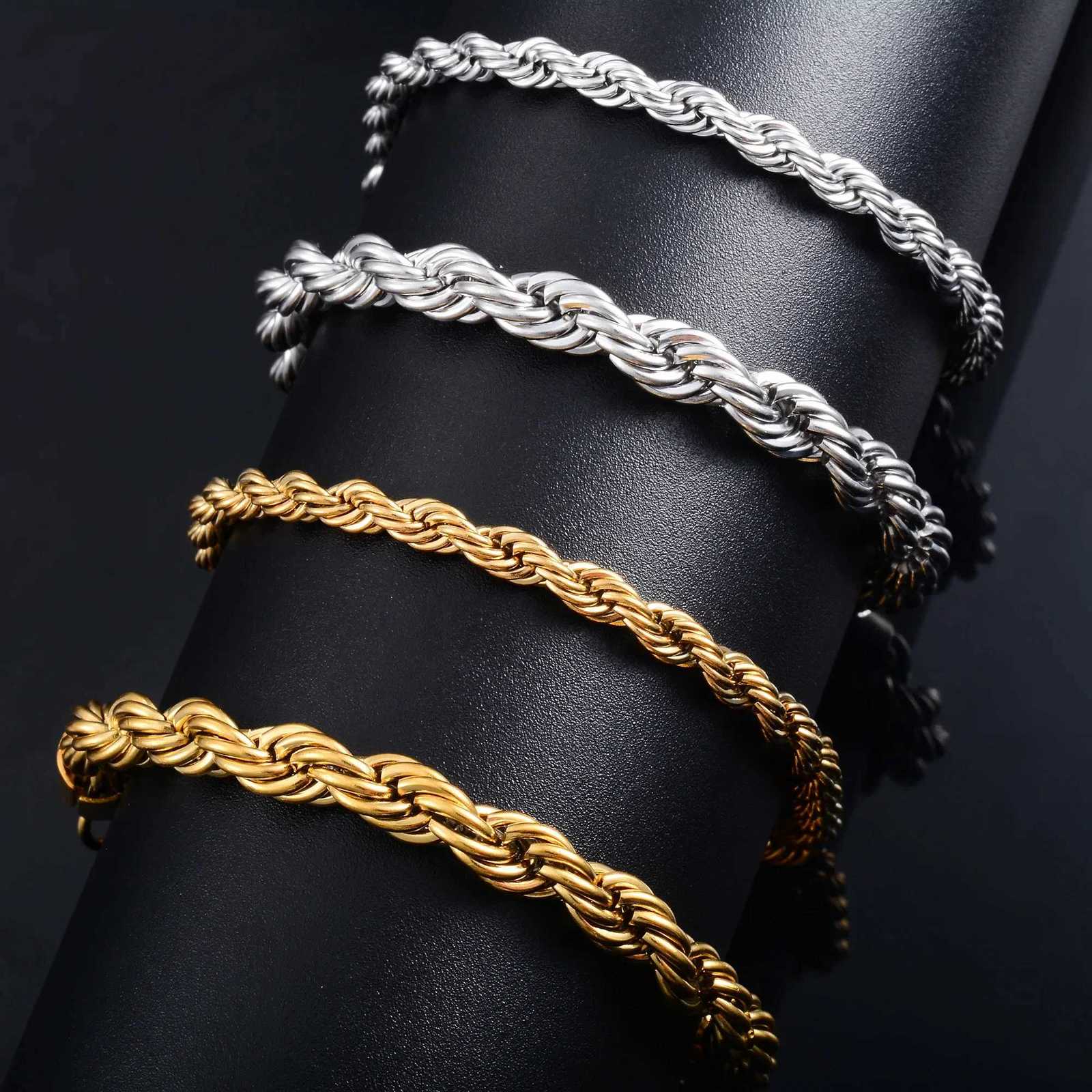Men Stainless Steel Rope Chain Bracelet for Women Hand Bangle in Gold/Silver Color Foot Ankle Anklet Jewelry Accessories DIY Gift W250728