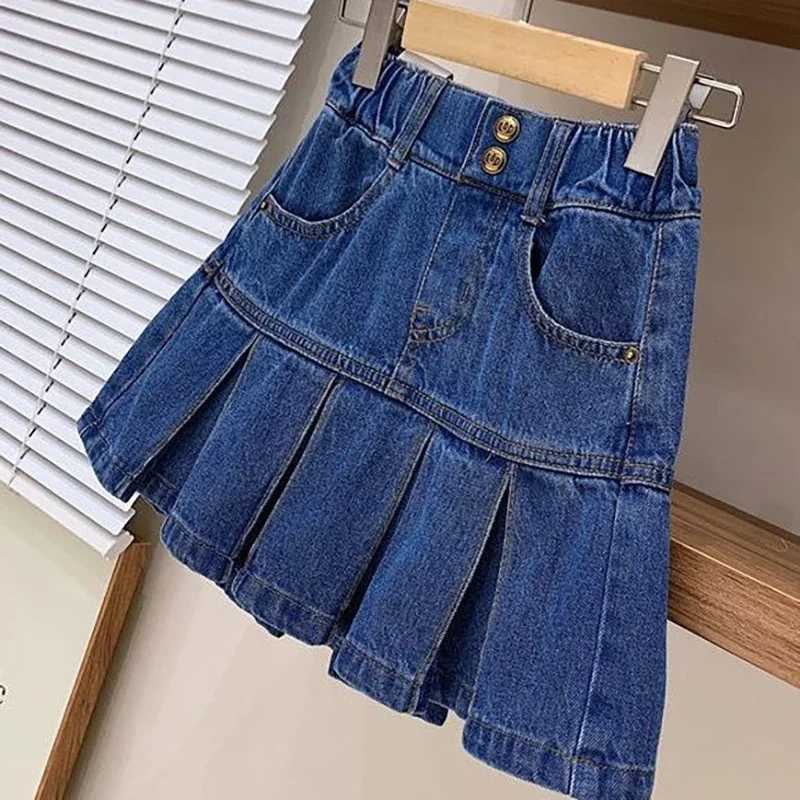 Girls Denim Skirt Pants 4-12Y Children Summer Clothing Spring Autumn College Style High Waisted Washed Denim Pleated Skirt R250728
