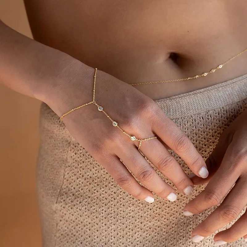 14k Gold Plated Trendy 2024 Summer Adjustable Chain Zircon Finger Ring Hand Chain Ring Bracelet Jewelry for Women Girls Dainty W250728