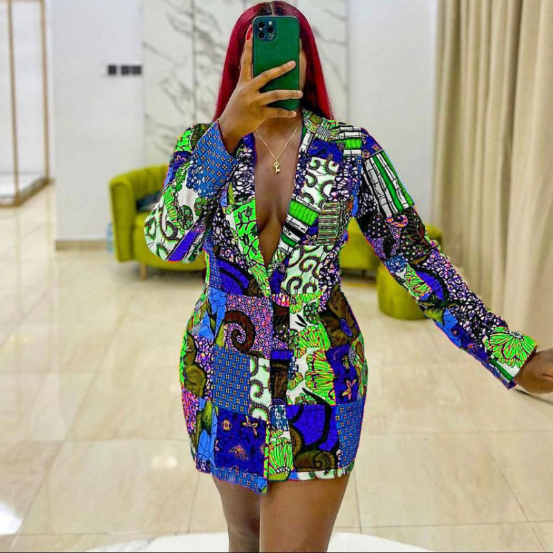 Elegant Ethnic Style Suit Collar Printed Long Sleeve Plus Size Dress 240729